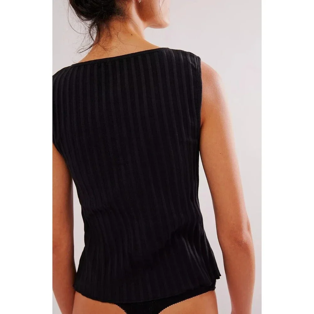 Free People Tilly Vest Blouse Top Black Ribbed Buttondown Scoop-Neck S 289392